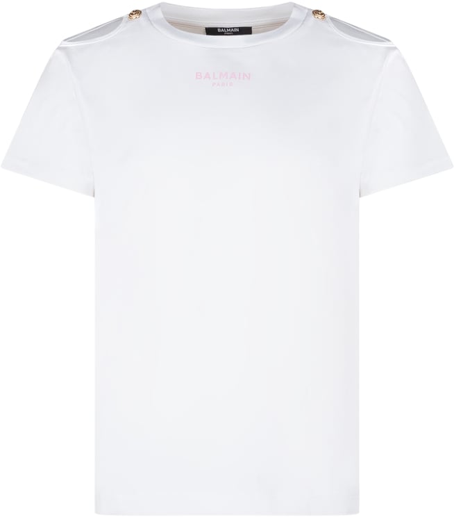 Balmain T-shirt con Logo Frontale e Bottoni su Spalle