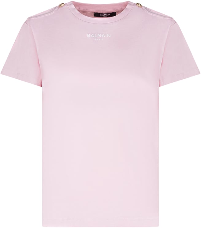 Balmain T-shirt con Logo Frontale e Bottoni su Spalle