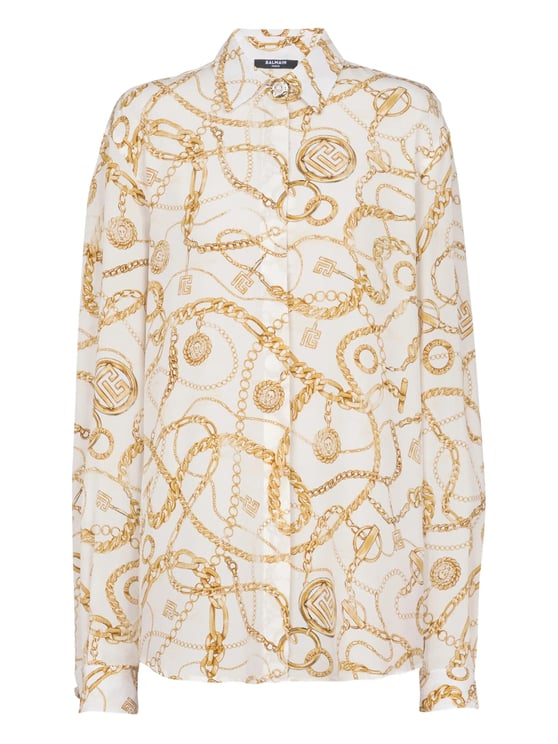 Balmain White Ls Shirt Chain Print Silk Shirt