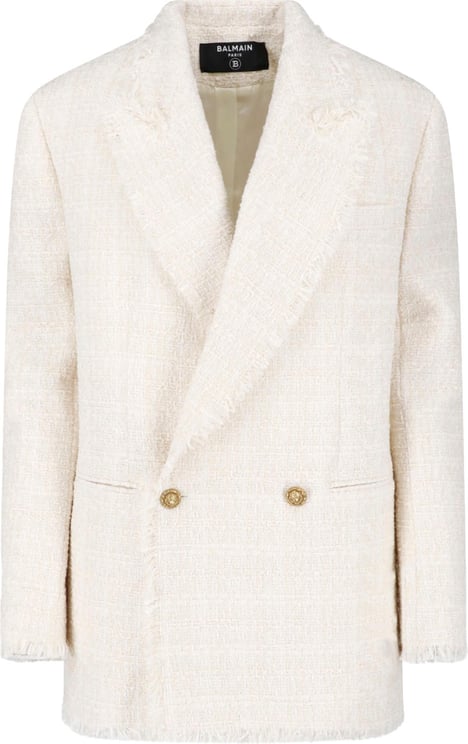 Balmain Cream Double-Breasted Tweed Gold-Tone Blazer