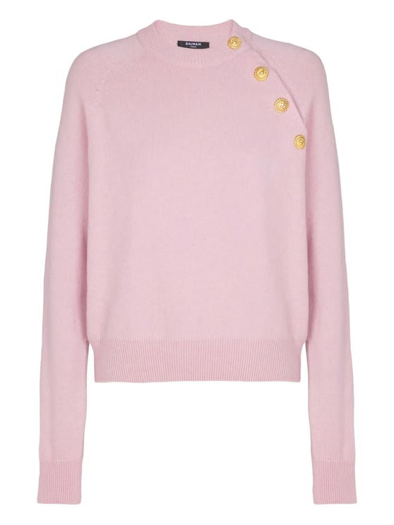 Balmain Cropped Pink Decorative Gold Button Sweater