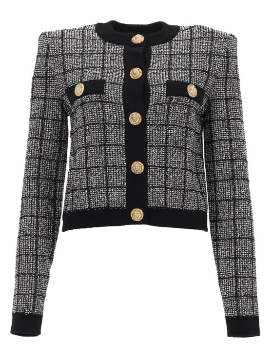 Balmain Textured Checkered Pattern Cropped Cardigan