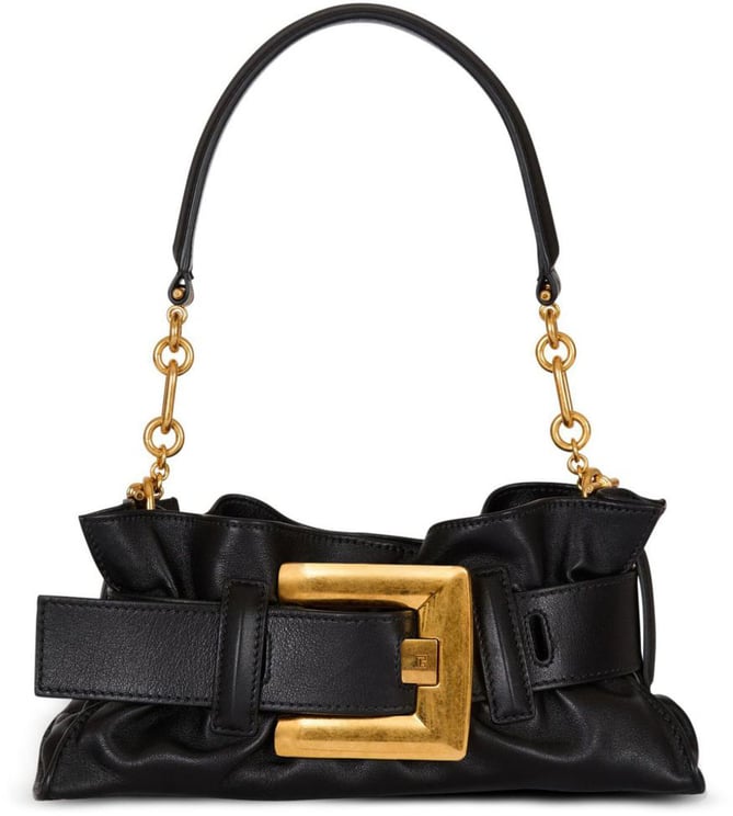 Balmain Gathered Black Handbag With Gold Buckle