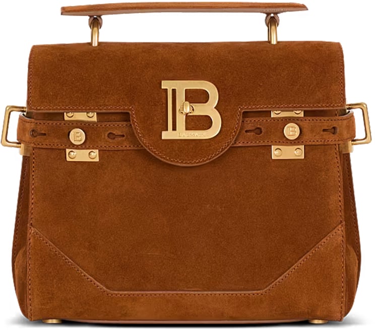 Balmain Medium Structured Suede Handbag Leather Accents