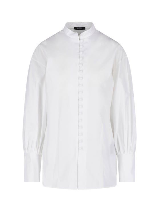 Balmain Mandarin Collar White Long-Sleeved Shirt with Gold-Tone Buttons