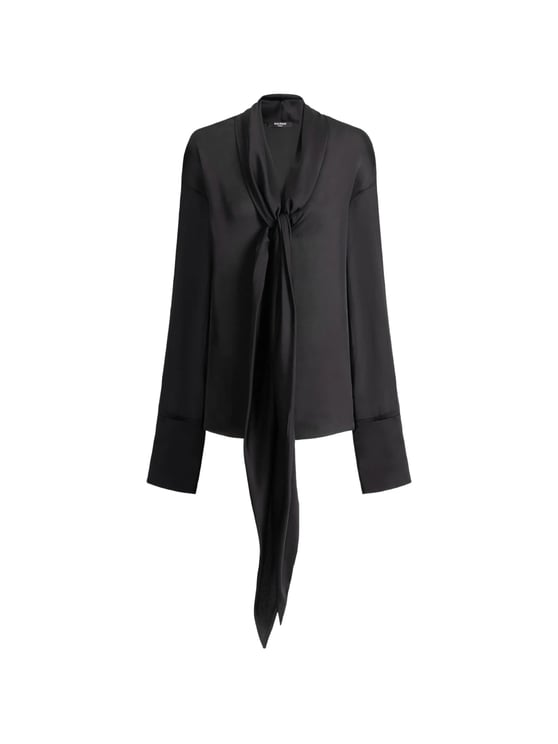 Balmain Black Silky Tie-Neck Shirt