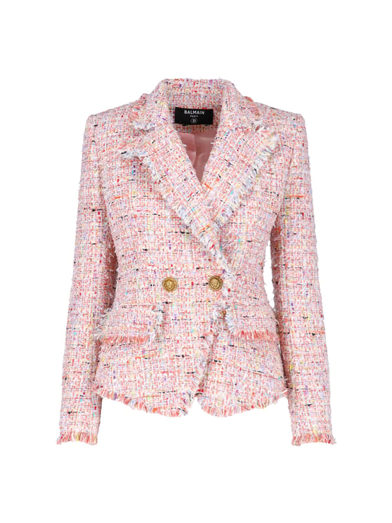 Balmain Tailored Double-Breasted Jacket with Frayed Trim