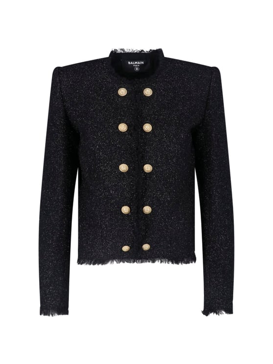 Balmain Cropped Textured Jacket with Gold Button Details