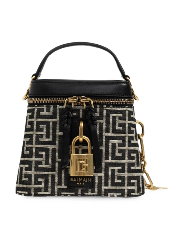 Balmain Trapezoidal Handbag with Geometric Pattern and Gold Accents