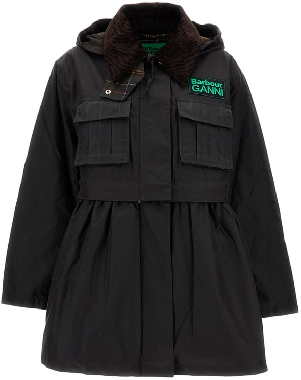 Barbour Waxed Black Jacket With Rouches Trim And Removable Hood