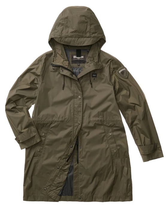 Blauer Long Green Impermeable Coat With Adjustable Features
