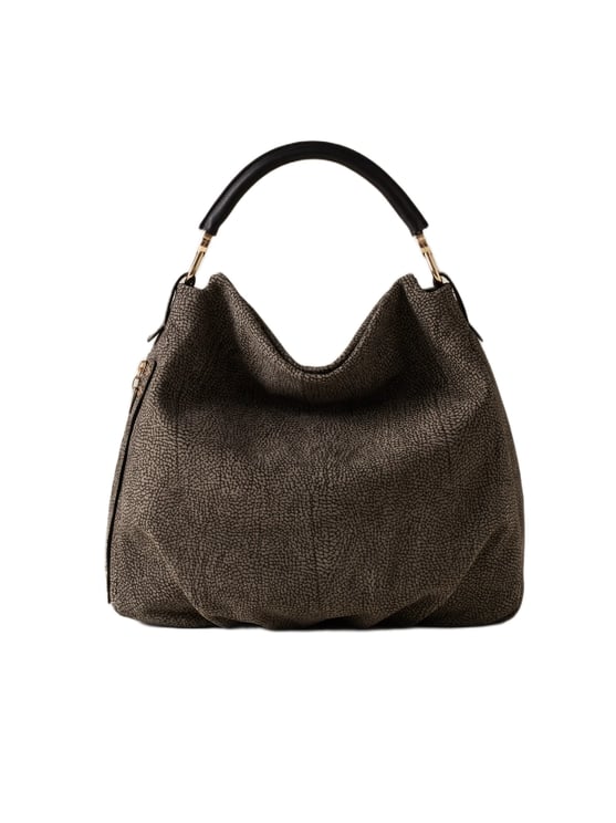 Borbonese Textured Brown Handbag With Contrasting Handle And Gold-Tone Accents