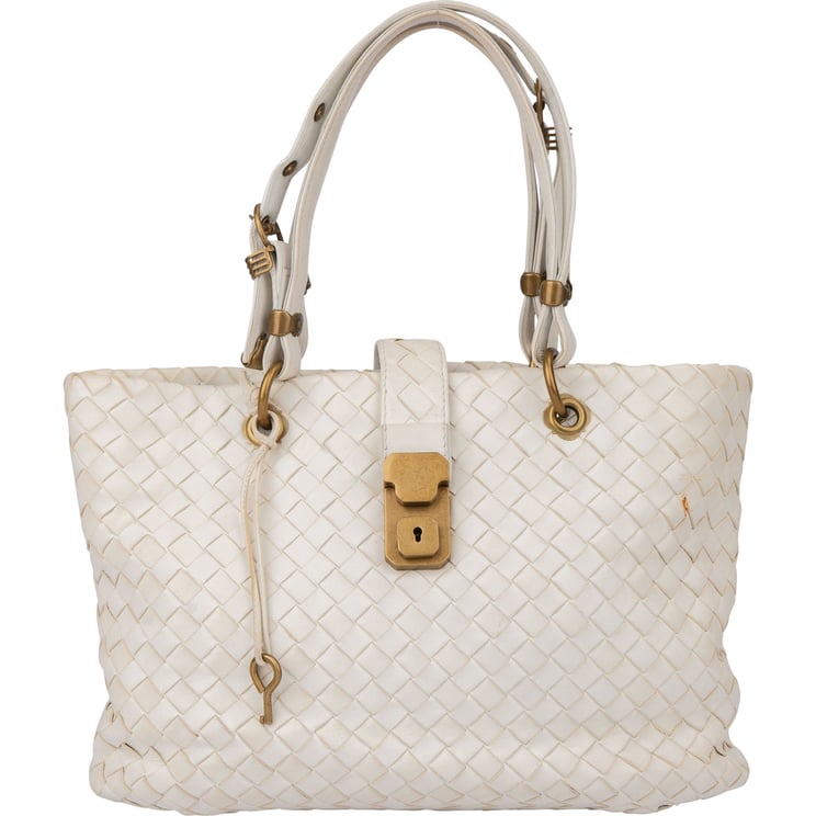 Bottega Veneta Bottega Veneta White Intrecciato Leather Lock Handbag