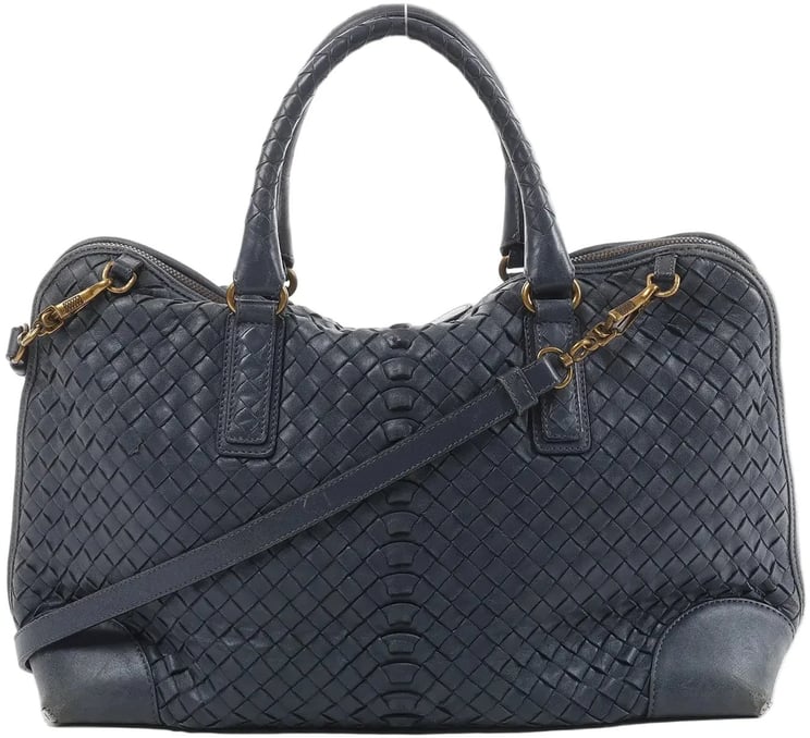 Bottega Veneta Bottega Veneta Intrecciato Leather 2Way Handbag in Navy Blue 194403