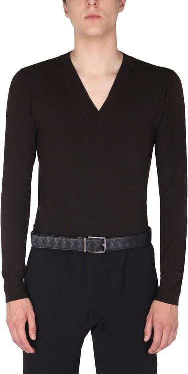 Bottega Veneta Classic V-Neck Wool Sweater with Contrasting Stitch