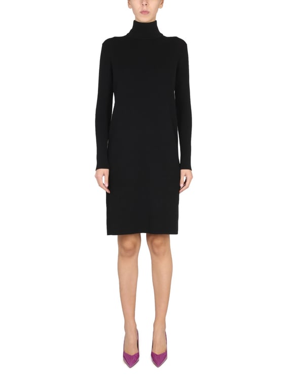 Bottega Veneta High Neck Ribbed Knit Dress with Textured Silhouette
