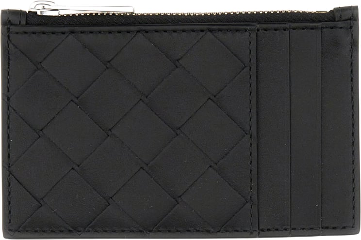 Bottega Veneta Woven Calfskin Card Holder with Zipper Closure