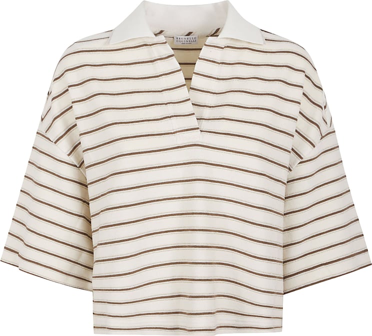 Brunello Cucinelli Cropped Top with Horizontal Stripes and Open Collar