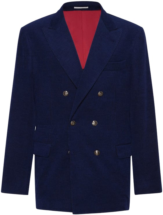 Brunello Cucinelli Double-Breasted Navy Blue Corduroy Blazer