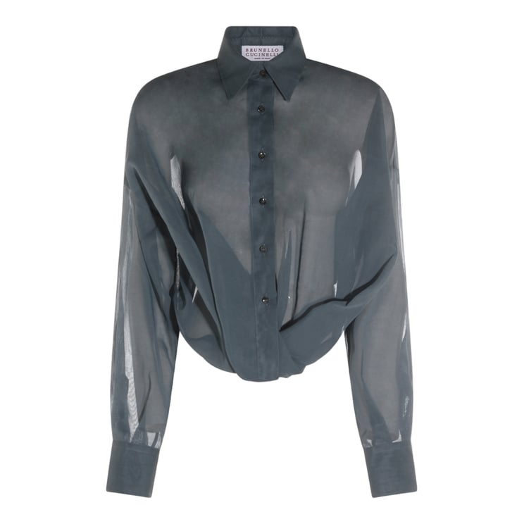 Brunello Cucinelli Sheer Translucent Grey Shirt with Classic Collar