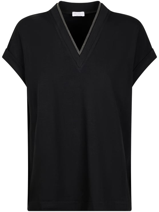 Brunello Cucinelli V-Neck T-Shirt with Relaxed Fit and Contrasting Trim