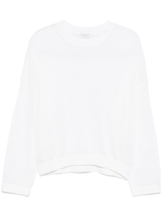 Brunello Cucinelli White Linen-Silk All-Over Sequins Sweater