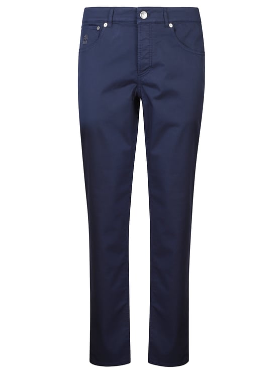 Brunello Cucinelli Blue Embroidered Logo Cotton Formal Pants