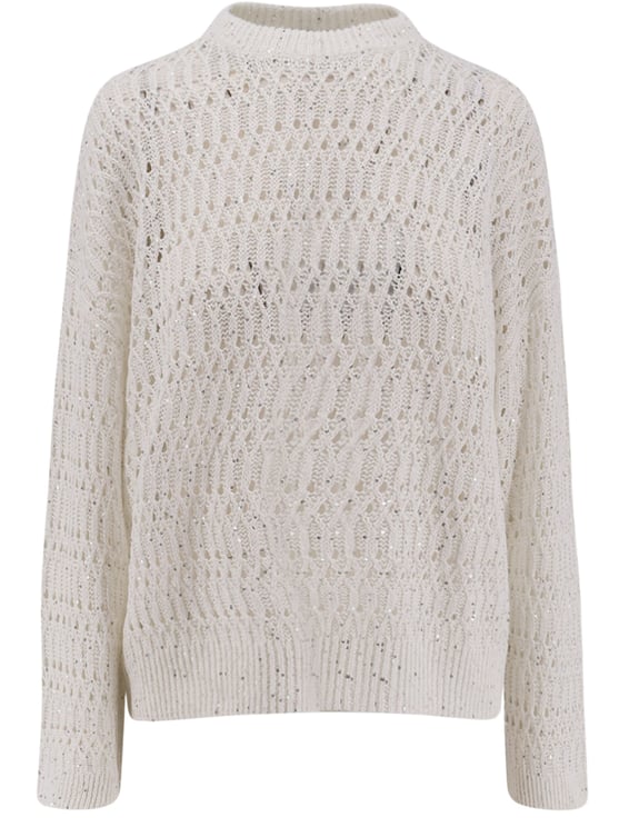 Brunello Cucinelli Beige Linen Crochet Sequin Sweater