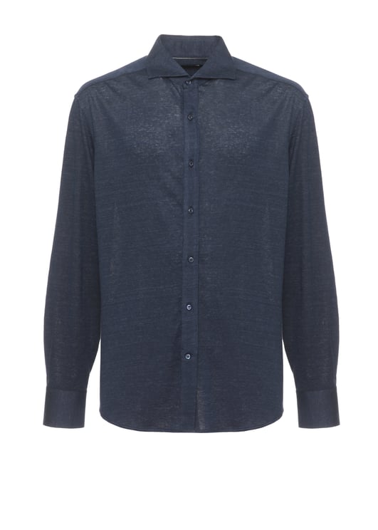 Brunello Cucinelli Blue Linen-Cotton Casual Shirt