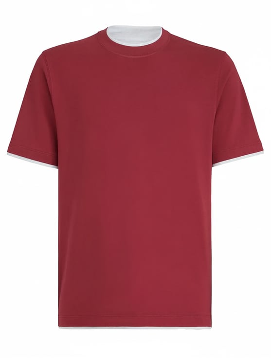 Brunello Cucinelli Red Contrasting Crew Neck Cotton T-Shirt