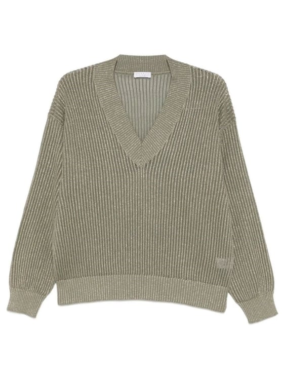Brunello Cucinelli Green Ribbed Knit Cotton-Viscose Sweater