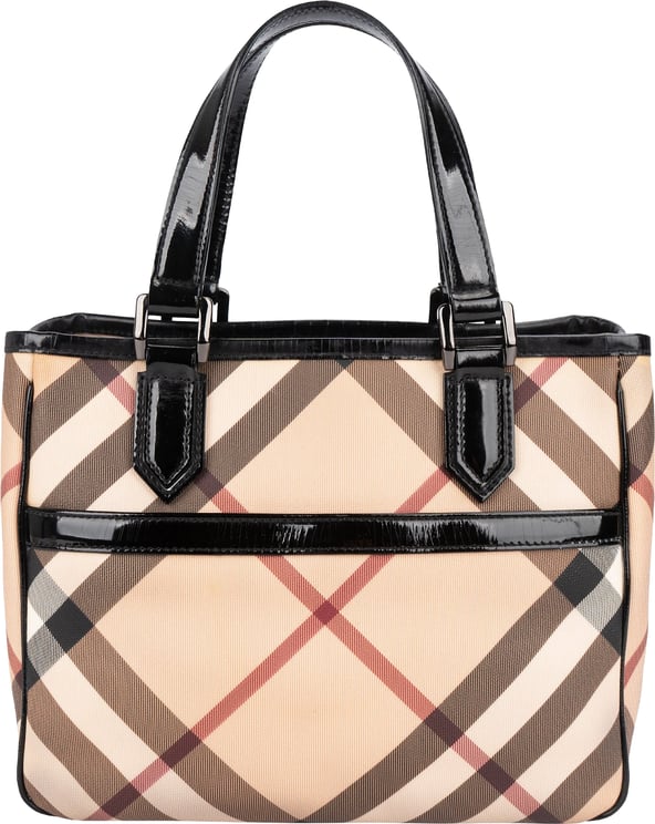 Burberry Burberry Nova-Check Monogram Patent Leather Small Tote Handbag