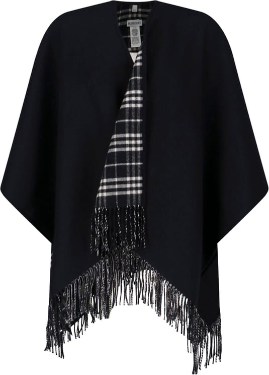Burberry Black Reversible Check Wool Fringed Cape