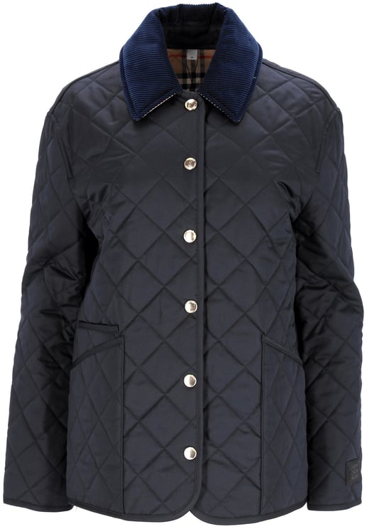 Burberry Quilted Blue Jacket With Corduroy Collar And Signature Details