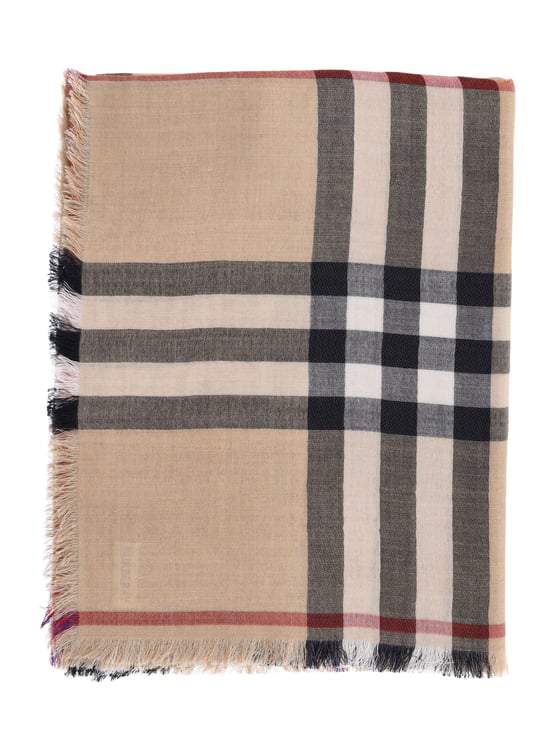 Burberry Beige Check Wool and Silk Scarf with Fringed Edges