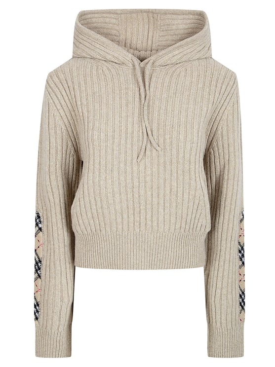 Burberry Ribbed Knit Cropped Hoodie Sweater with Check Patch Detail
