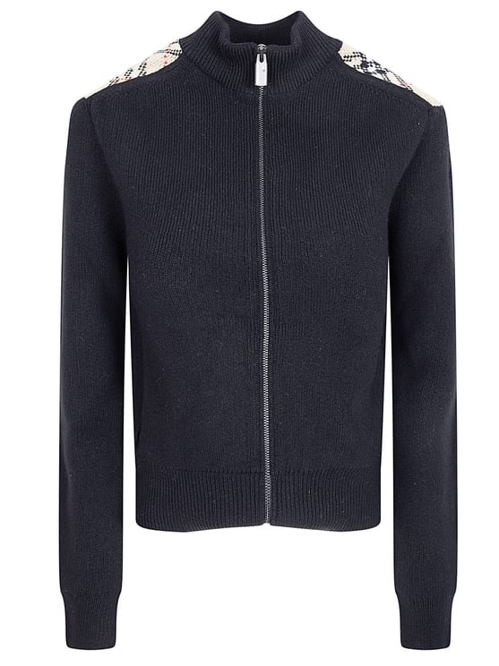 Burberry Cashmere-Wool Blend Cardigan with Plaid Patches and Full-Zip Closure