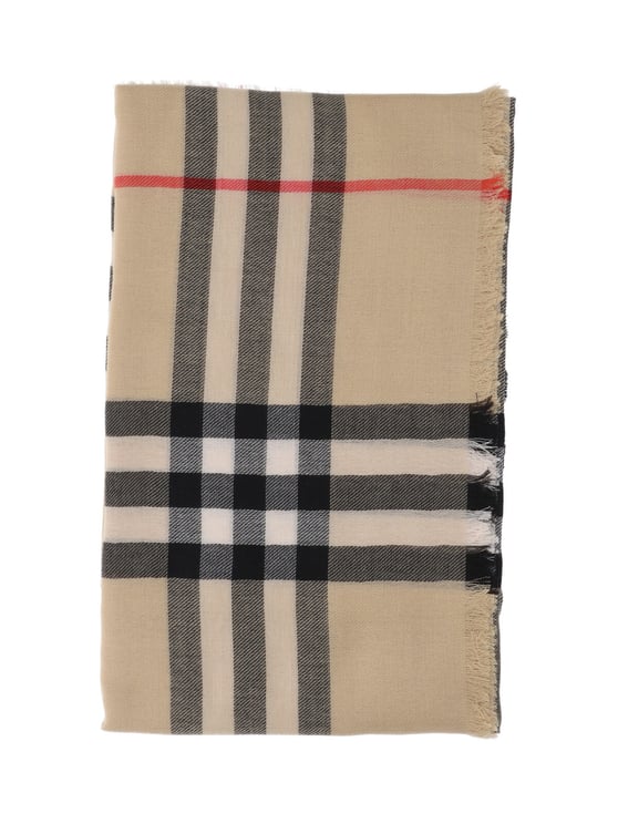 Burberry Beige Wool Check Scarf With Fringed Edges