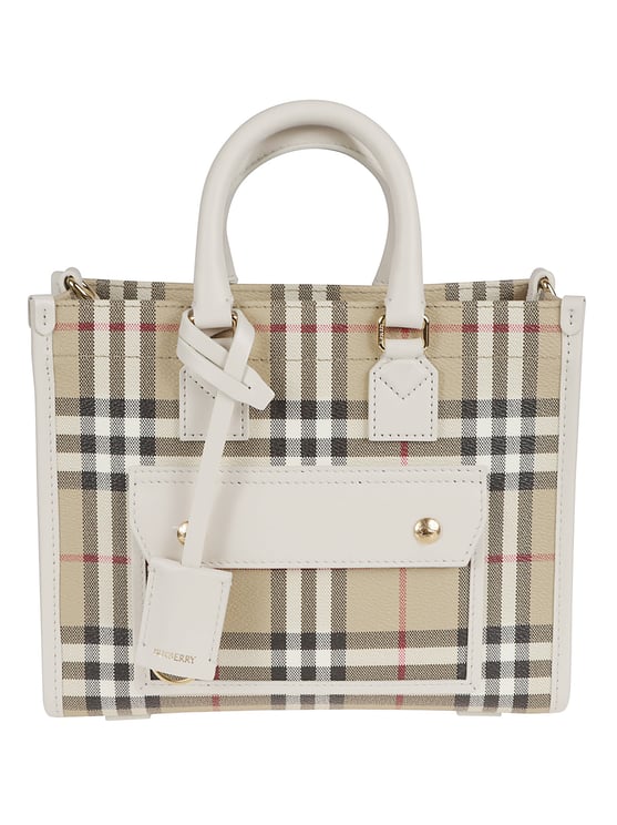 Burberry Structured Tote Bag with Classic Check Pattern and Leather Accents