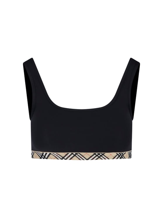 Burberry Black Square Neck Plaid Accented Top