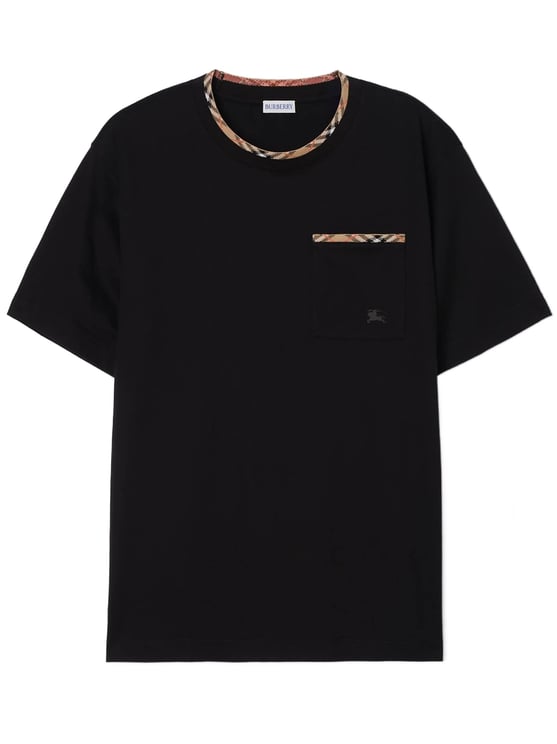 Burberry Black Ryan Checkered Trim Cotton T-Shirt