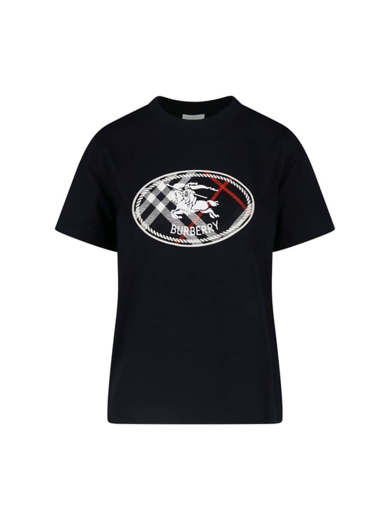 Burberry Short-Sleeved Black T-Shirt with Checkered Emblem