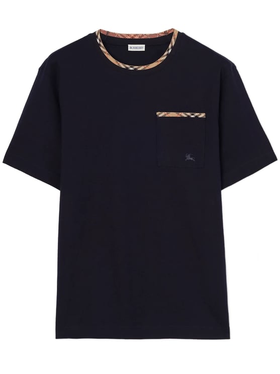 Burberry Solid Black T-Shirt With Checkered Trim Details