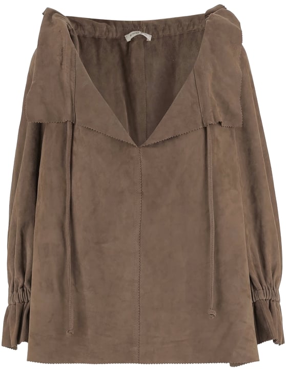 By Malene Birger Ruffled V-Neck Suede Blouse With Drawstring Closure