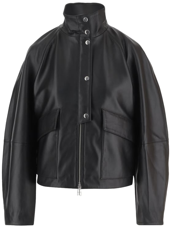 By Malene Birger High Collar Black Leather Jacket With Flap Pockets