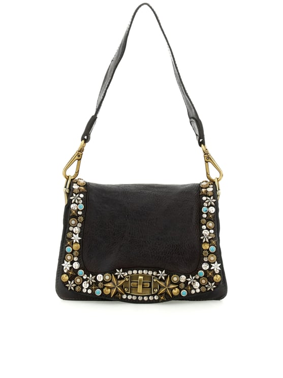 Campomaggi Embellished Rectangular Black Handbag with Gold-Tone Accents
