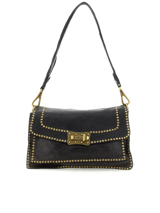 Campomaggi Rectangular Handbag with Studded Flap Closure and Accordion Profile