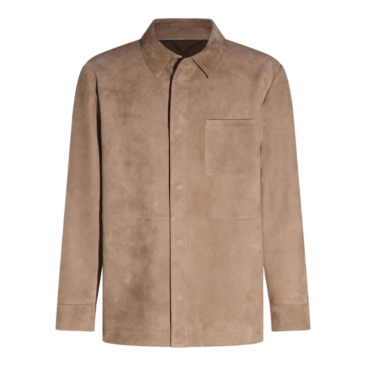 Canali Smooth Suede-Like Beige Jacket With Classic Collar And Concealed Button Placket