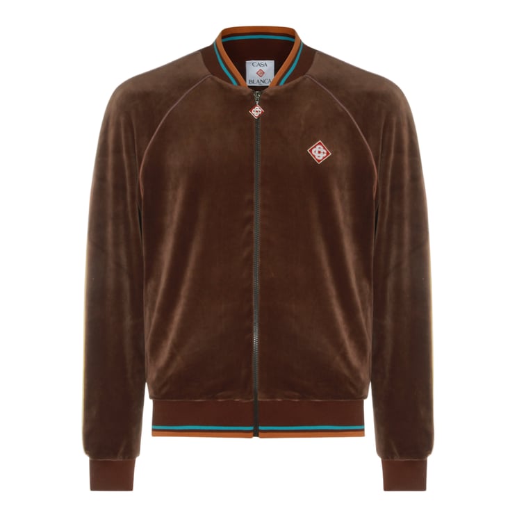 Casablanca Brown Velvet Bomber Sweater With Contrasting Stripe Details
