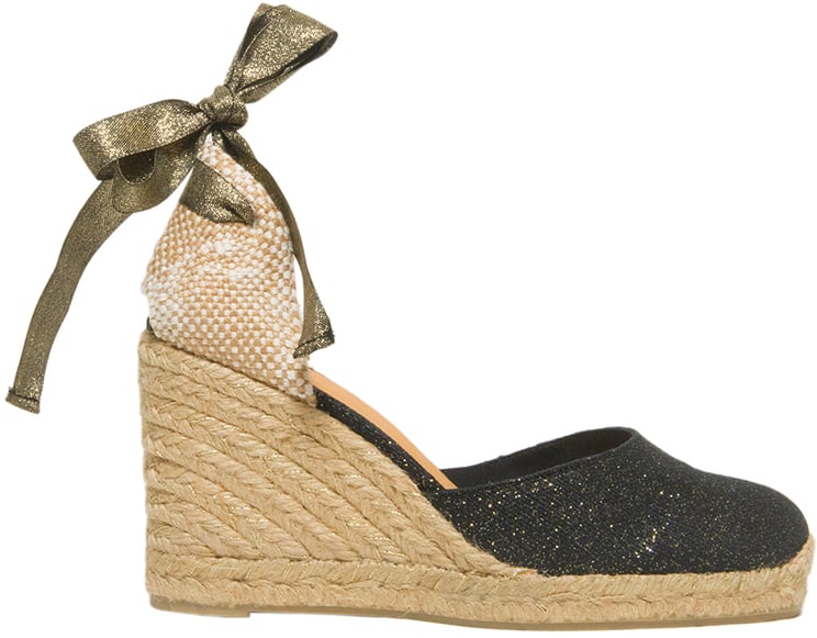 Castaner Espadrilla con zeppa in lino glitterato nero oro. Altezza totale cm 9. Platform cm1
